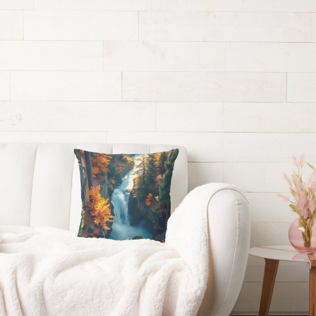 Autumn Canyon Waterfall – Vibrant Fall Forest Land Cushion (Couch)