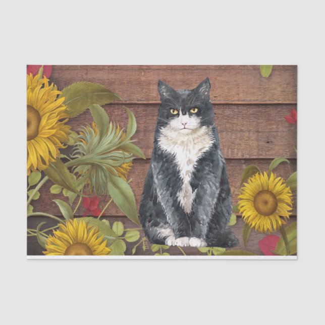 Autumn Cat and Sunflowers on Barn Wood Fall  Tissue Paper (Front)