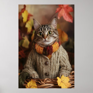 Autumn Cat Art Print, Cozy Fall Poster