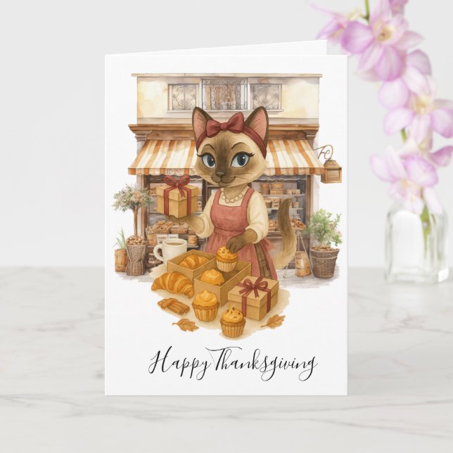 Autumn Cat Bakery Thanksgiving Fall Cat Lovers  Card (Orchid)
