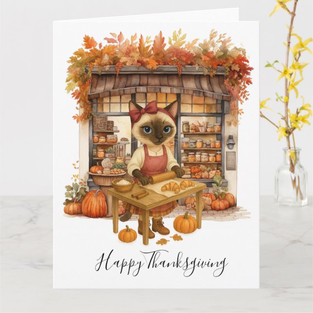 Autumn Cat Bakery Thanksgiving Fall Cat Lovers  Card (Yellow Flower)