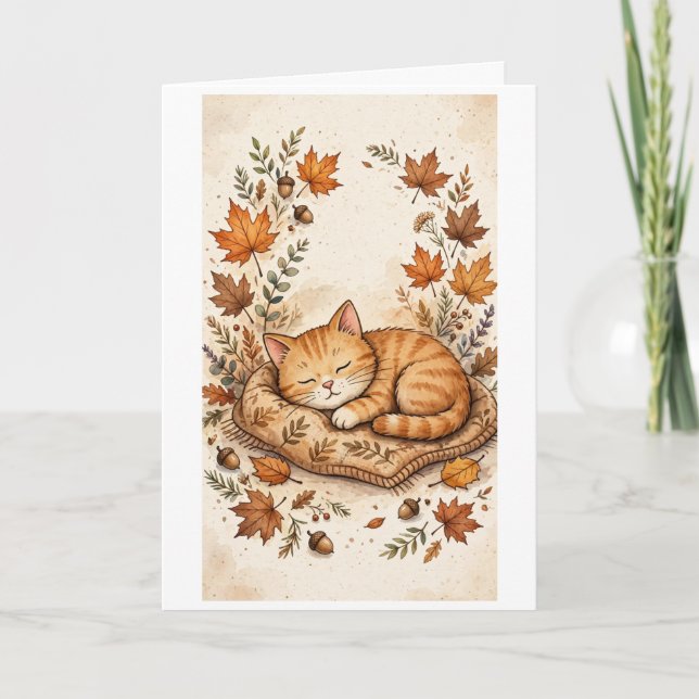 Autumn cat enjoying a snooze card (Front)
