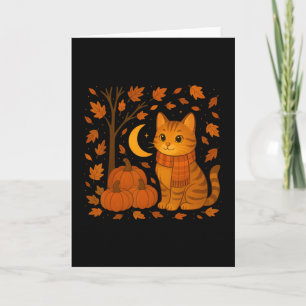 Autumn Cat Illustration With Falling Leaves For Ev Card
