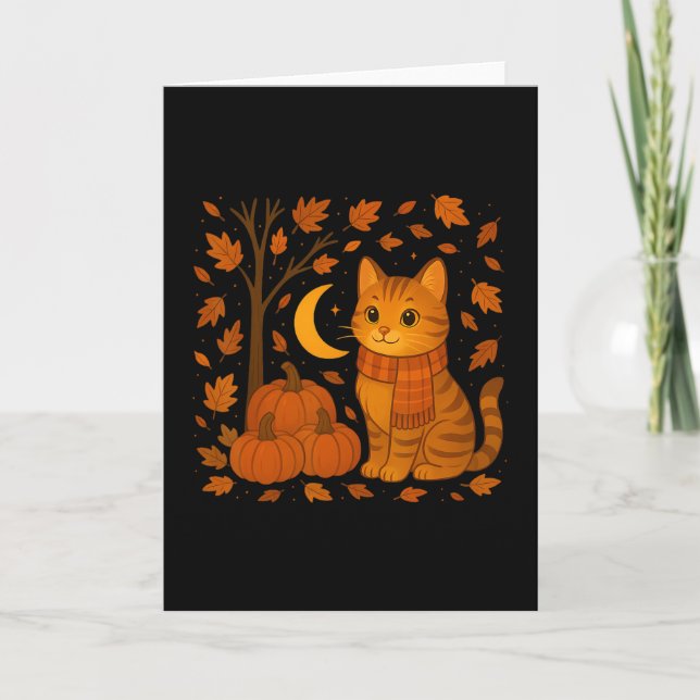 Autumn Cat Illustration With Falling Leaves For Ev Card (Front)
