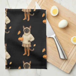 Autumn Cat with coffee for Thanksgiving Tea Towel