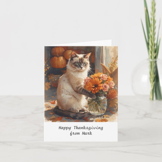 Autumn Cat with Flowers – Fall Season Greeting Card (Front)