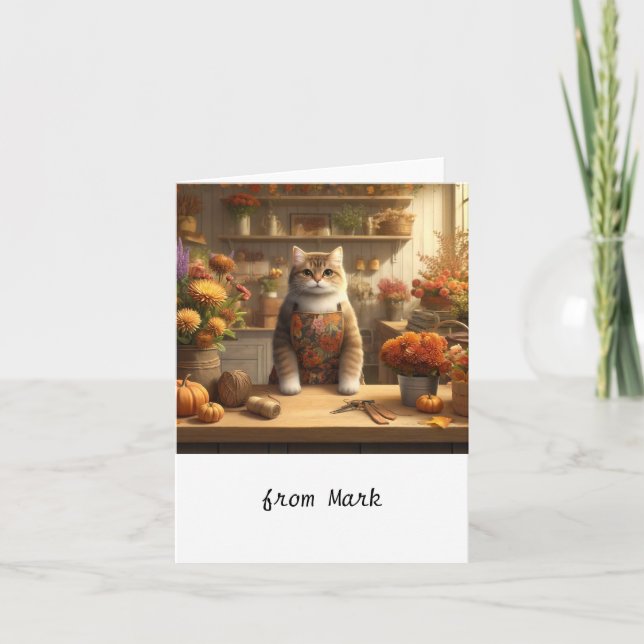 Autumn Cat with Flowers – Fall Season Greeting Card (Front)
