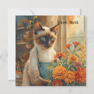 Autumn Cat with Flowers – Fall Season Greeting Holiday Card