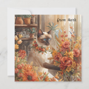 Autumn Cat with Flowers – Fall Season Greeting Holiday Card
