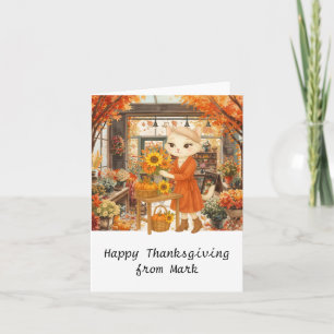 Autumn Cat with Flowers Fall Season Thanksgiving  Card
