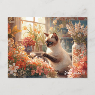 Autumn Cat with Flowers – Fall Thanksgiving Holiday Postcard