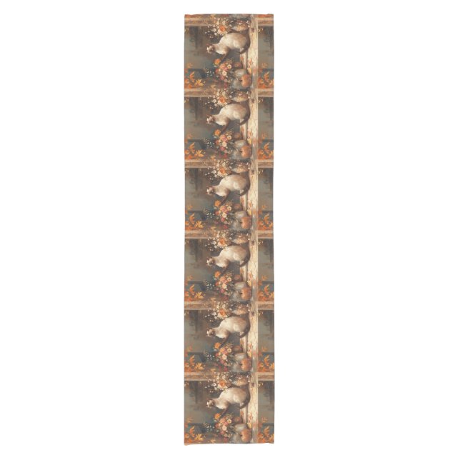 Autumn Cat with flowers for Thanksgiving  Short Table Runner (Front)