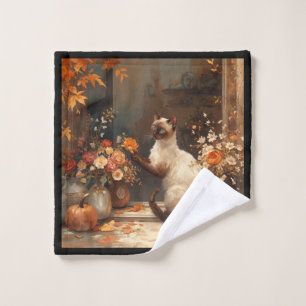 Autumn Cat with flowers for Thanksgiving Wash Cloth