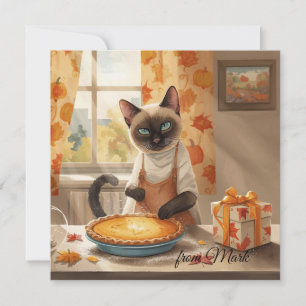 Autumn Cat with Pumpkin Pie Fall Season Greeting Holiday Card