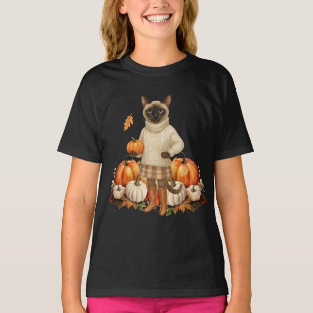 Autumn Cat with pumpkins for Siamese Cat lovers T-Shirt (Front)