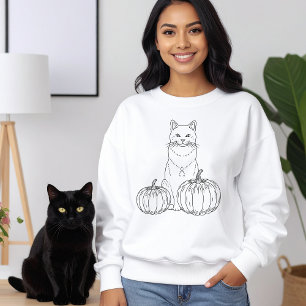 Autumn Cat With Pumpkins Line Art Cute Halloween Sweatshirt