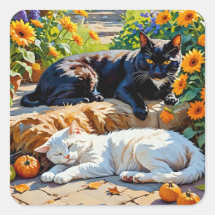 Autumn Cats and Pumpkins Garden Scene Square Sticker
