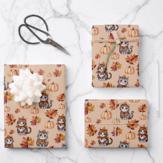Autumn Cats and Pumpkins Wrapping Paper Sheet