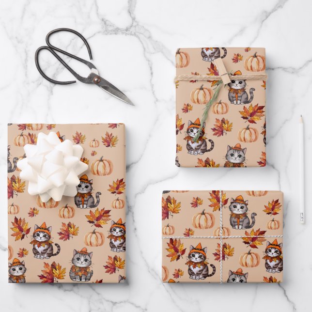 Autumn Cats and Pumpkins Wrapping Paper Sheet (Front)