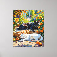Autumn Cats In Garden Stretched Canvas Print