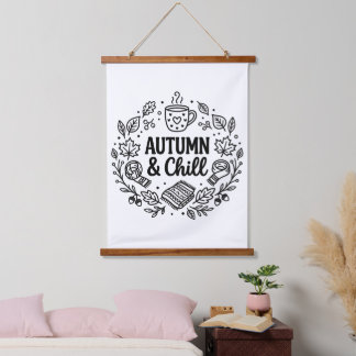 Autumn & Chill | Cosy Fall Hand-Lettered Line Art Hanging Tapestry