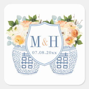 Autumn Chinoiserie Monogram Wedding Favour Square Sticker