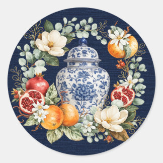 Autumn Chinoiserie, Pomegranate & Magnolia Classic Round Sticker