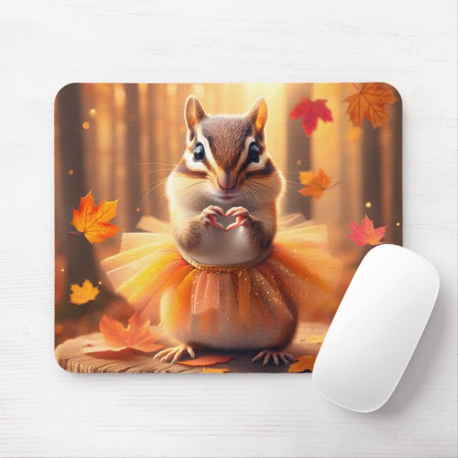 Autumn Chipmunk With Tutu and Heart Mouse Pad (With Mouse)