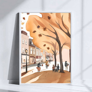 Autumn City Park   Fall Foliage Watercolor Art Poster