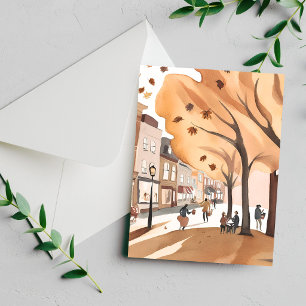 Autumn City Park Fall Foliage Watercolor Card