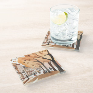 Autumn City Park Fall Foliage Watercolor Glass Coaster