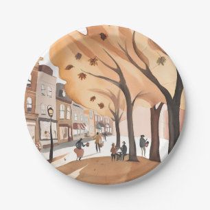 Autumn City Park Fall Foliage Watercolor Paper Plate