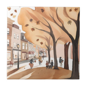 Autumn City Park Fall Foliage Watercolor Tile