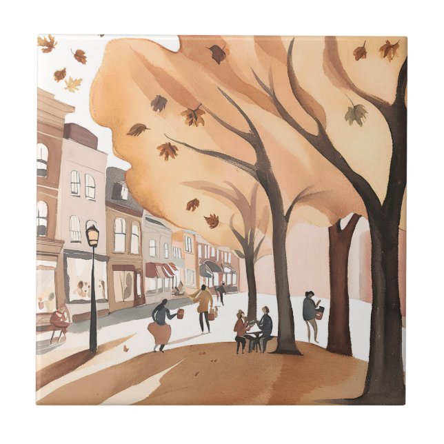 Autumn City Park | Fall Foliage Watercolor Tile (Front)