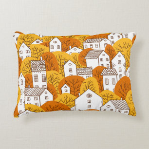 Autumn Cityscape, Trees Houses Pattern. Decorative Cushion