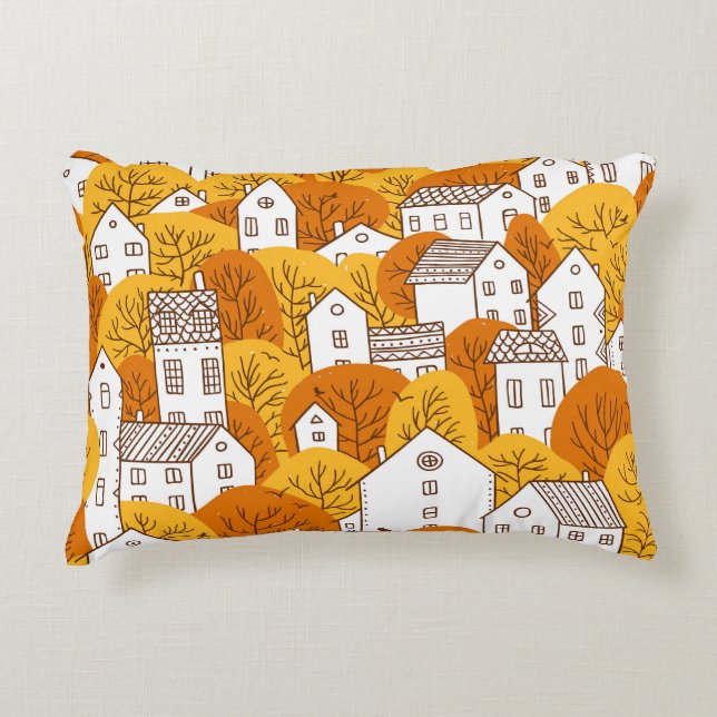 Autumn Cityscape, Trees Houses Pattern. Decorative Cushion (Front)