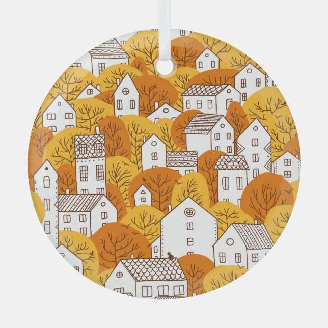 Autumn Cityscape, Trees Houses Pattern. Glass Tree Decoration (Front)
