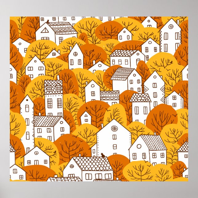 Autumn Cityscape, Trees Houses Pattern. Poster (Front)