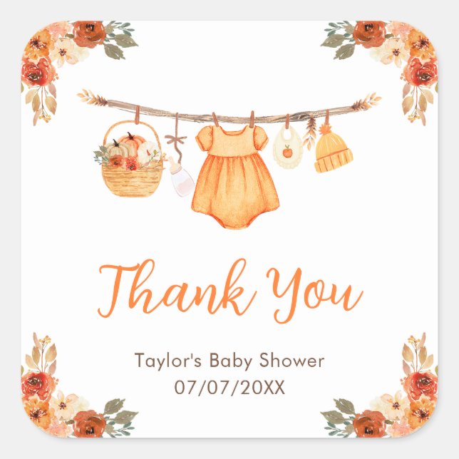 Autumn Clothes Line Girl Baby Shower Thank You Square Sticker (Front)
