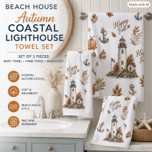Autumn Coastal Lighthouse Brown Orange   Bath Towel Set