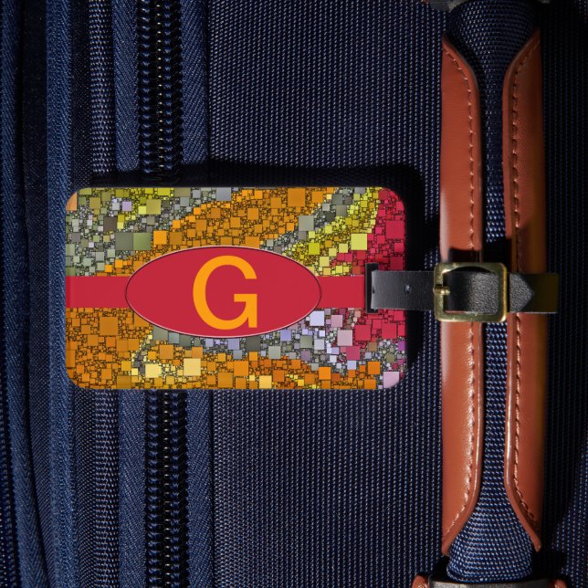 Autumn Colour Geometric Mosaic Custom Monogram Luggage Tag (Front Insitu 4)