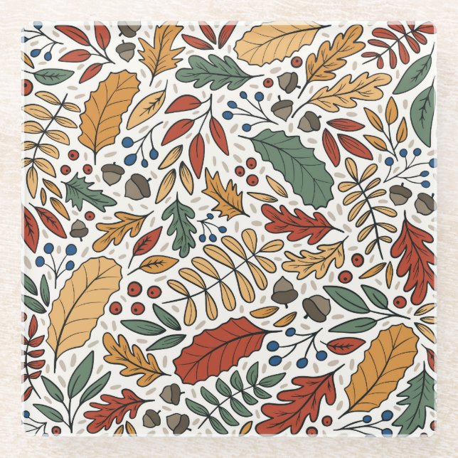 Autumn Coloured Leaf Square Design Glass Coaster (Front)
