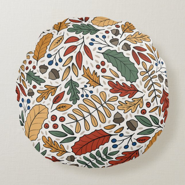 Autumn Coloured Leaf Square Design Round Cushion (Front)