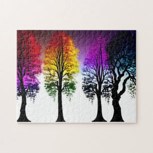 Autumn Coloured Leaves on Black Silhouette Trees Jigsaw Puzzle