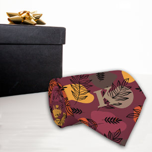 Autumn Colours Botanical Leaves on Maroon Monogram Tie