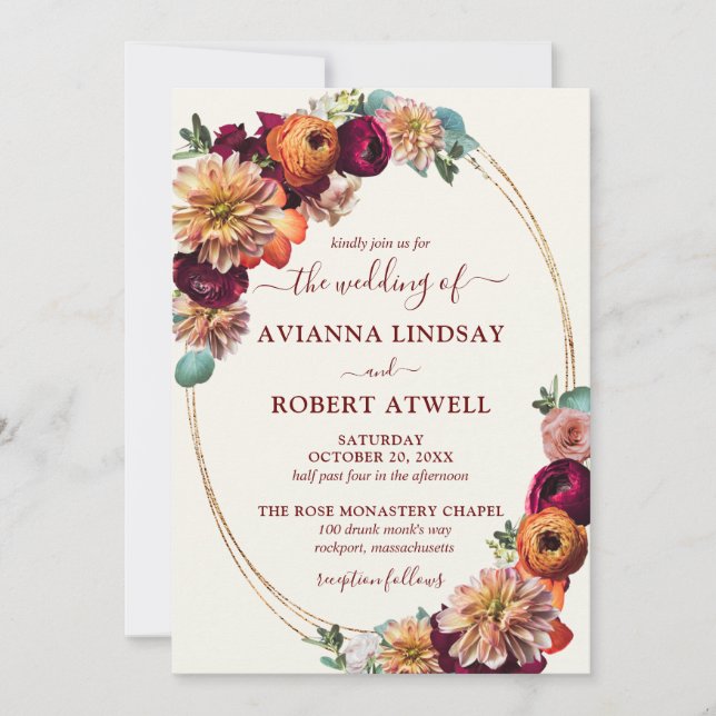 Autumn Colours Burgundy Orange Blush Wedding Invit Invitation (Front)