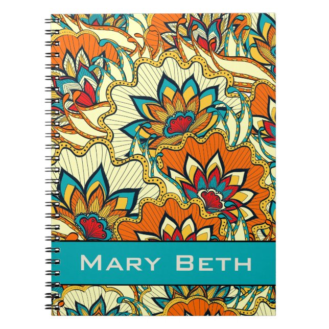 Autumn Colours Floral Pattern with Name Spiral Notebook (Front)