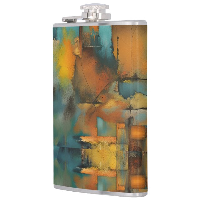 Autumn colours, geometric grunge paint abstract hip flask (Left)