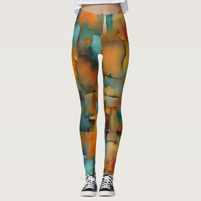 Autumn colours, geometric grunge paint abstract leggings (Front)