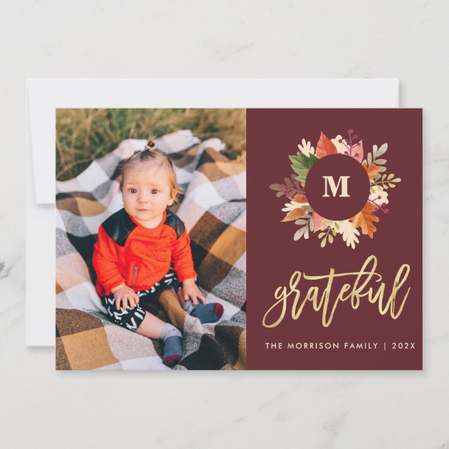 autumn colours monogram thanksgiving holiday photo card (Front)